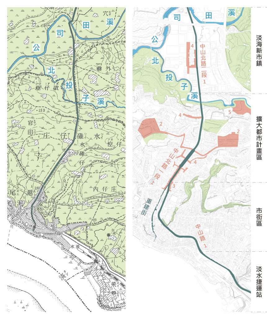 圖1、約1903年的淡水三芝之間道路開通狀況（臺灣堡圖）	圖2、2022年，歷經城市擴張之後，中山路與中山北路現況（數字是後文中提案位置的標記）